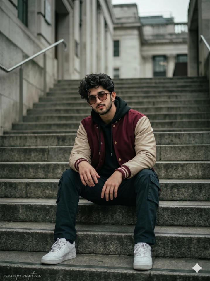 Boy in maroon varsity jacket with beige sleeves sitting on concrete stairs outside a London stone building, google gemini fashion prompts for boys uk