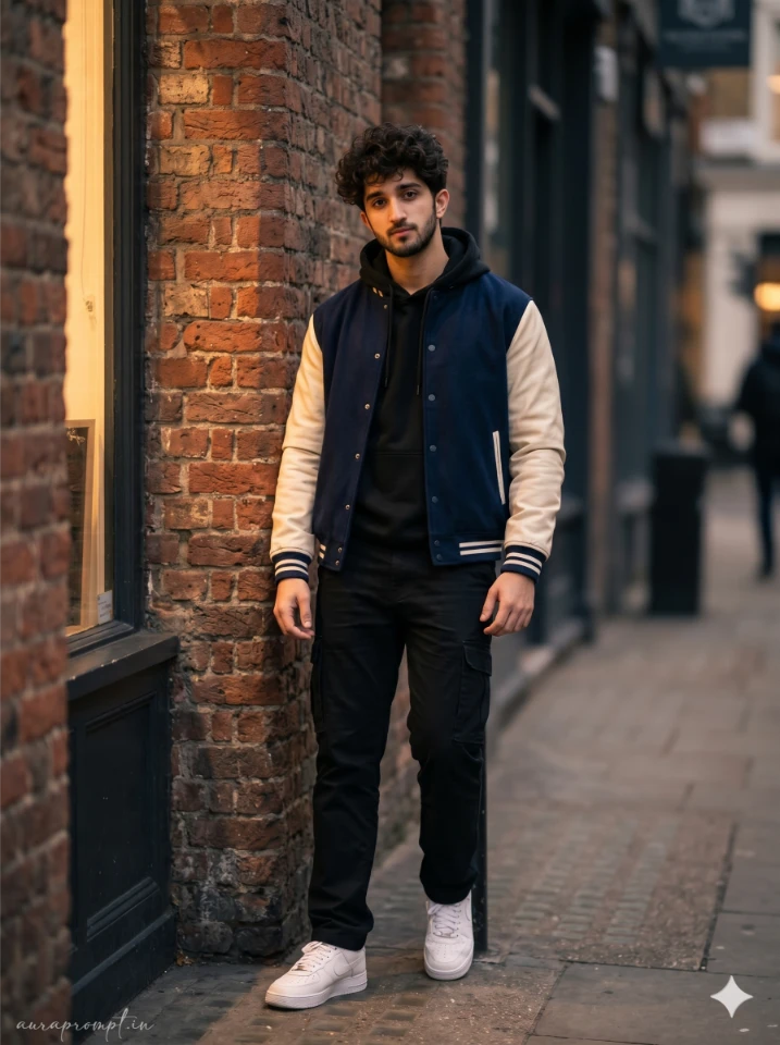 Indian male model in navy blue varsity jacket with cream sleeves leaning against a London brick wall, best gemini prompts for boys uk urban portrait