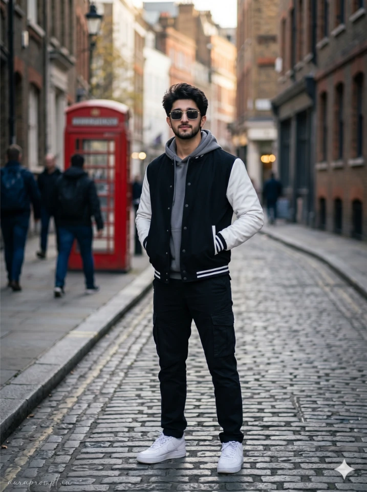 Indian boy in black varsity jacket with white sleeves standing on a quiet London cobblestone street, generated using gemini prompts for boys uk