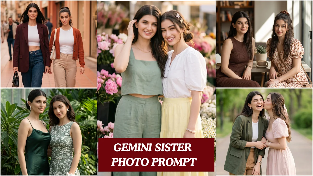 Two Indian sisters in Pinterest summer outfits posing together in a gemini sister photo prompt cinematic AI editorial style
