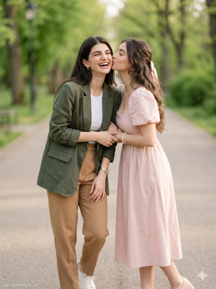Two Indian sisters in Pinterest summer outfits posing together in a gemini sister photo prompt cinematic AI editorial style