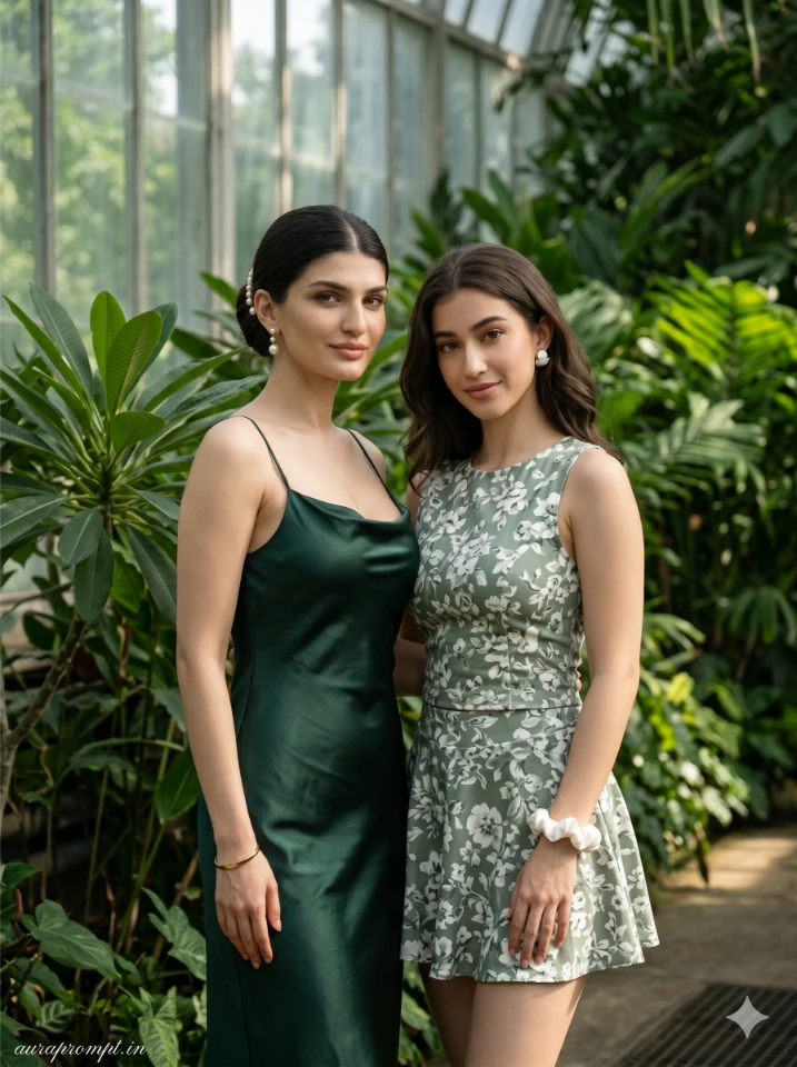 Two Indian sisters in Pinterest summer outfits posing together in a gemini sister photo prompt cinematic AI editorial style
