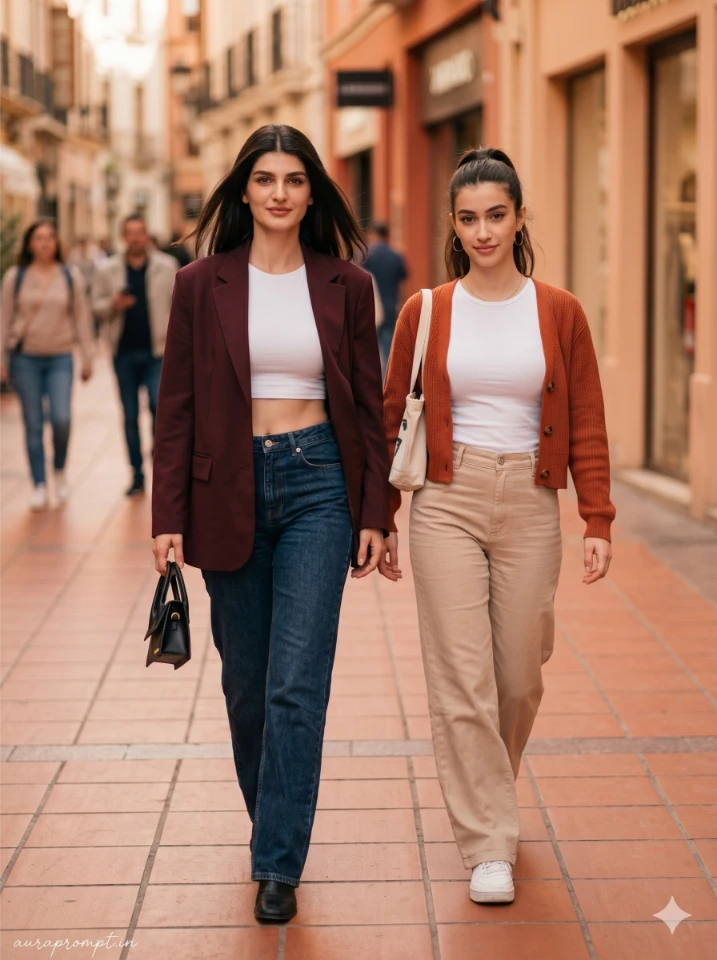 Two Indian sisters in Pinterest summer outfits posing together in a gemini sister photo prompt cinematic AI editorial style