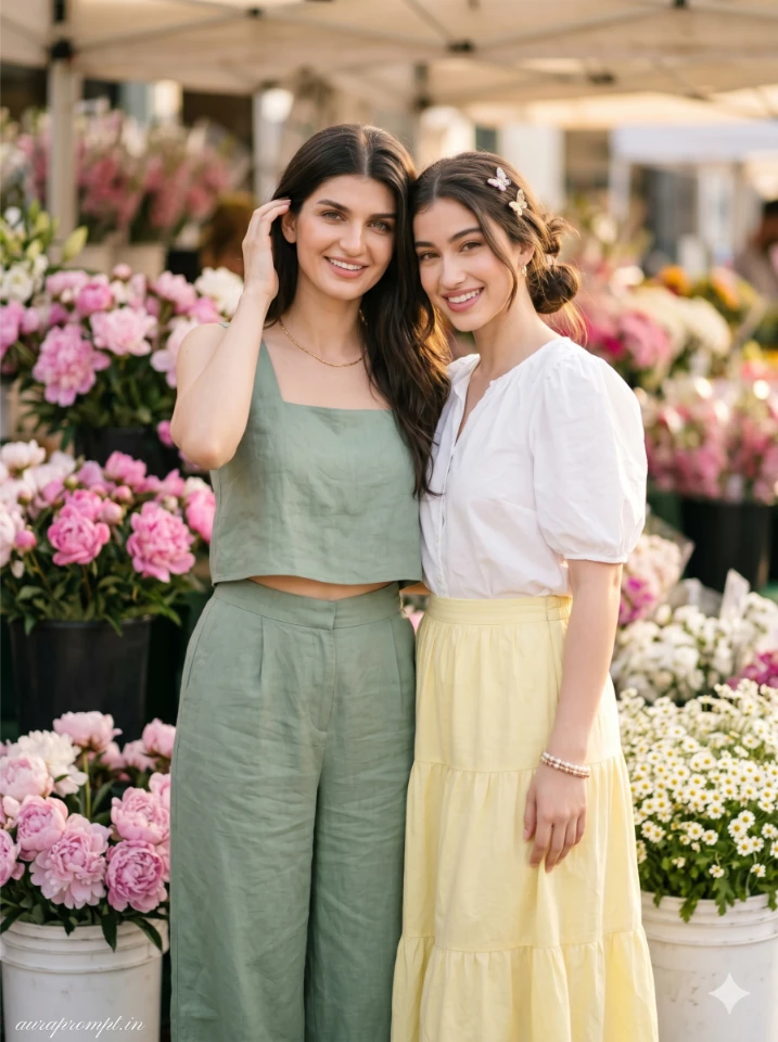 Two Indian sisters in Pinterest summer outfits posing together in a gemini sister photo prompt cinematic AI editorial style
