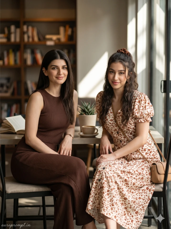Two Indian sisters in Pinterest summer outfits posing together in a gemini sister photo prompt cinematic AI editorial style