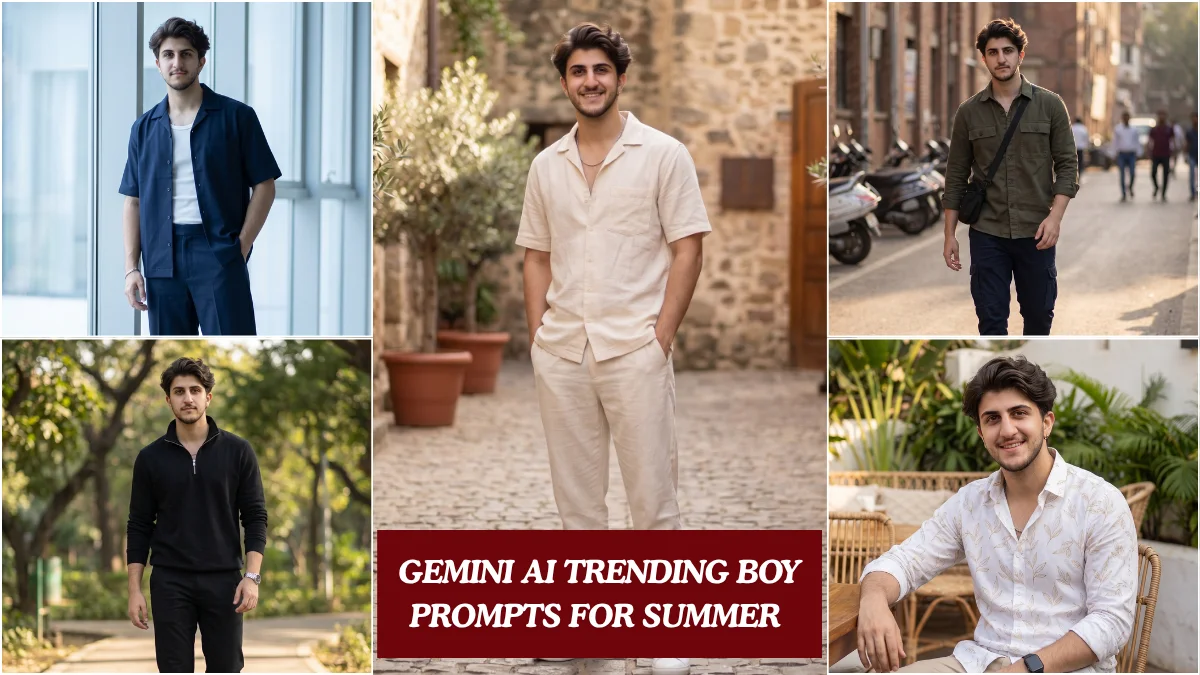 atic Gemini AI photo prompt result showing a stylish Indian boy in summer aesthetic outfit, trending boy prompts 2026 style editorial look.