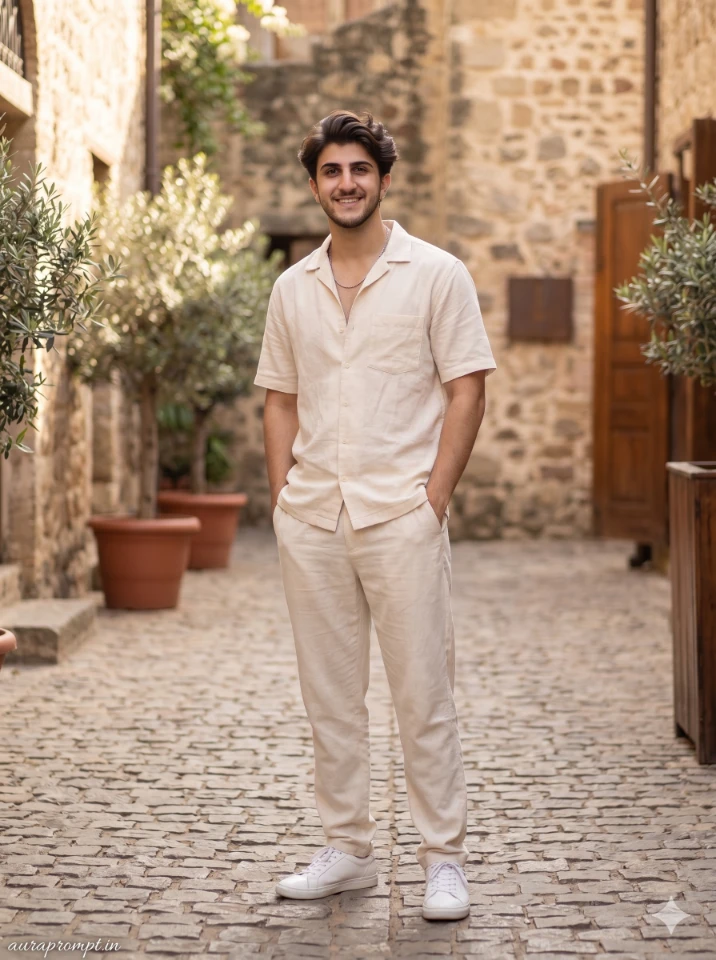 atic Gemini AI photo prompt result showing a stylish Indian boy in summer aesthetic outfit, trending boy prompts 2026 style editorial look.
