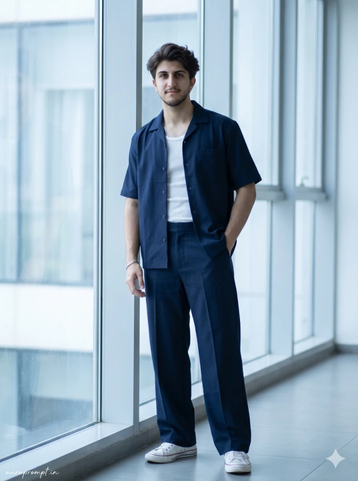 atic Gemini AI photo prompt result showing a stylish Indian boy in summer aesthetic outfit, trending boy prompts 2026 style editorial look.