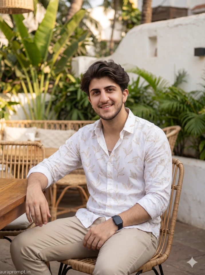 atic Gemini AI photo prompt result showing a stylish Indian boy in summer aesthetic outfit, trending boy prompts 2026 style editorial look.