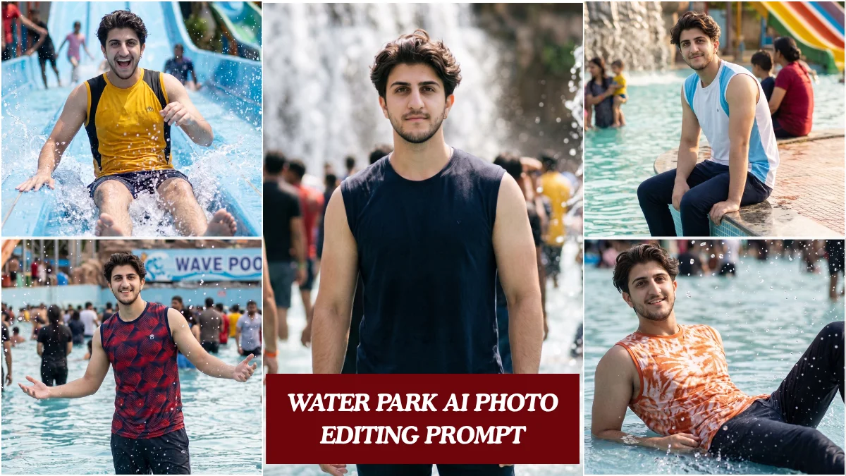 A handsome Indian boy in a Pinterest-style red patterned outfit standing in a vibrant water park, edited using a water park AI photo editing prompt