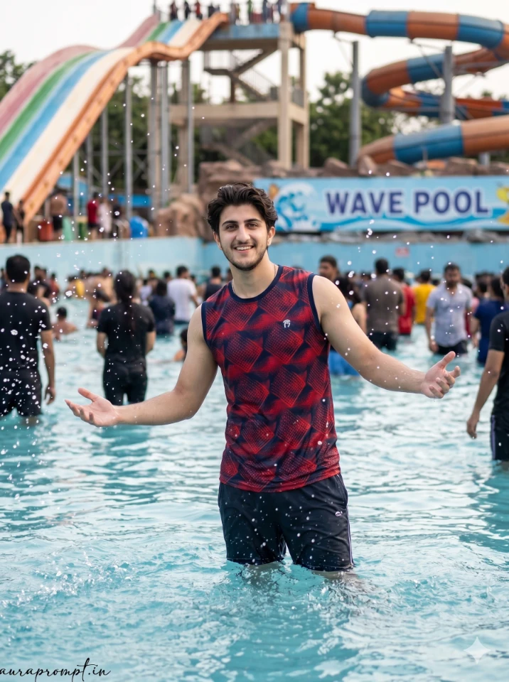 A young Indian man in a yellow sleeveless tee laughing mid-splash at a crowded water park, generated with a Gemini AI water park photo editing prompt