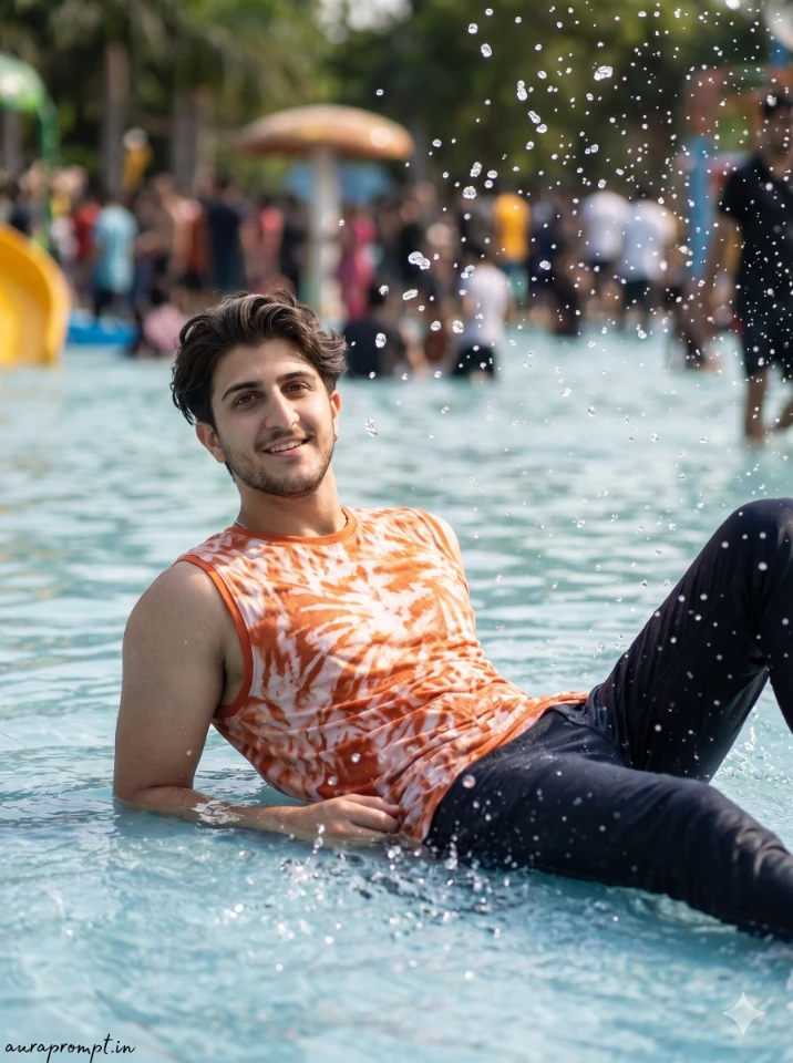 Hyper-realistic AI photo of a boy in a red sleeveless tee lying in a water park pool with water splashing all around, made with a Gemini AI photo prompt