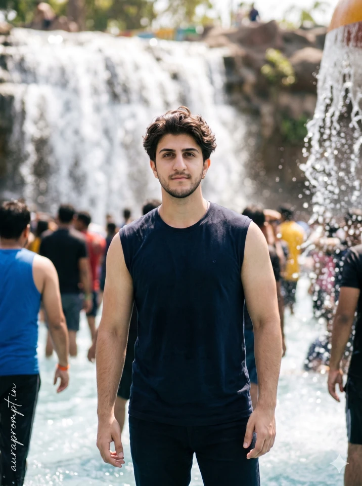 Indian boy in a dark navy Pinterest summer outfit standing waist-deep in a water park pool, edited using an AI swimming pool editing prompt