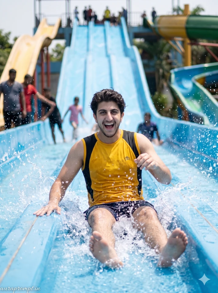 Full-body water slide action shot of an Indian boy in a yellow and black outfit, generated using an Instagram water park AI edit prompt
