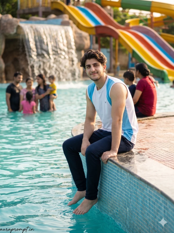Cinematic shot of an Indian boy in blue and white Pinterest summer outfit sitting at the edge of a water park pool, created using a viral water park AI prompt