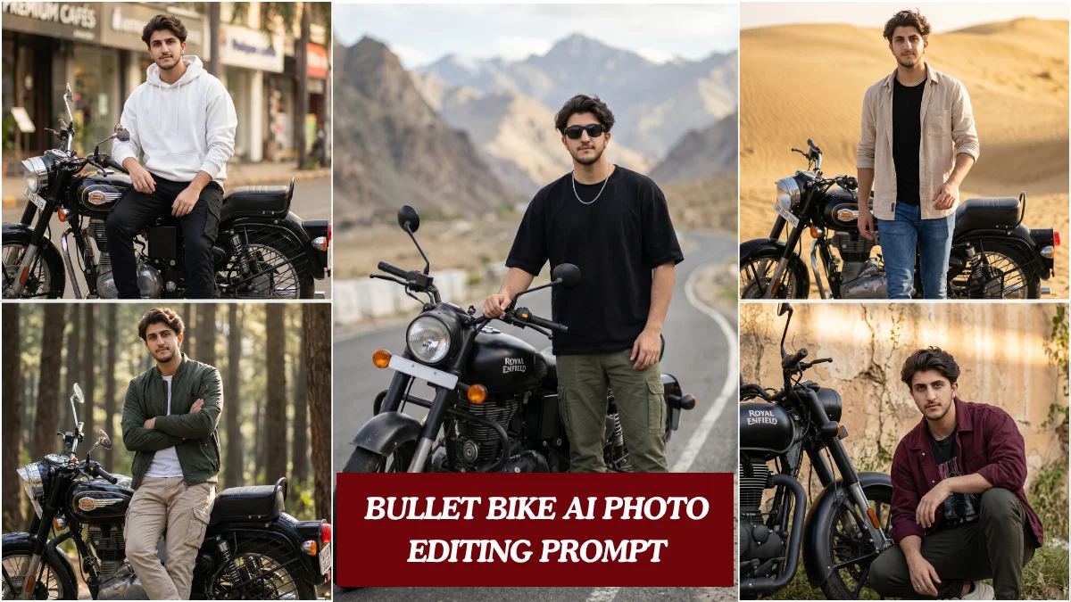Cinematic bullet bike AI photo editing prompt showing Indian boy in black outfit beside Royal Enfield on mountain highway