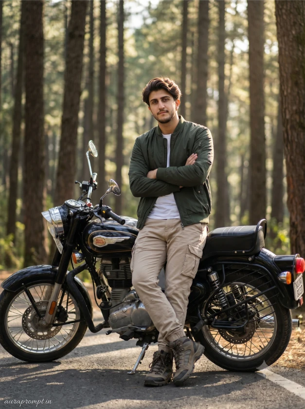 Young Indian man in dark green bomber jacket leaning against bullet bike on pine forest highway Gemini AI photo prompt