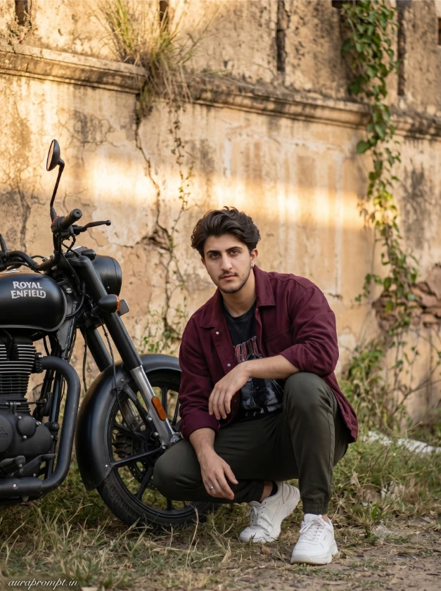 Indian boy in burgundy oversized jacket sitting on Royal Enfield bullet bike beside ancient fort wall cinematic AI motorcycle portrait prompt Gemini