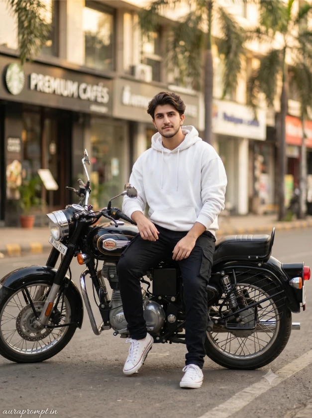 Stylish boy in white hoodie and black cargo trousers sitting on Royal Enfield beside city boulevard cinematic Gemini AI bike prompt