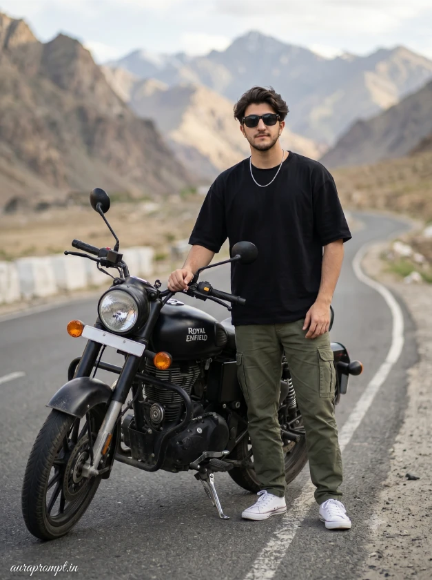 Indian boy in olive cargo pants and black tee standing beside matte black Royal Enfield on Leh Ladakh highway bullet bike AI photo editing prompt
