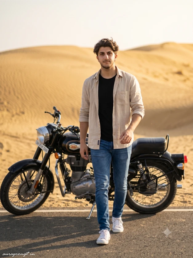 Boy in beige linen shirt walking beside Royal Enfield on Rajasthan desert road cinematic AI motorcycle portrait prompt