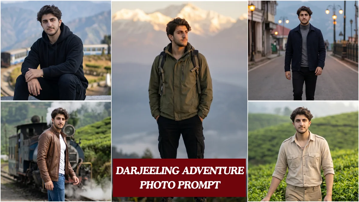 Young Indian man standing at Darjeeling adventure photo prompt for Gemini AI