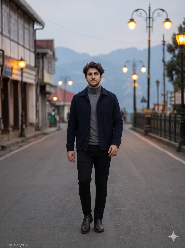 Indian man in dark navy jacket walking on Darjeeling Mall Road at evening, Gemini AI mountain travel photo prompt