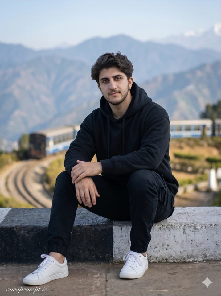 Young Indian man in black hoodie sitting at Batasia Loop viewpoint Darjeeling, cinematic Gemini AI travel prompt
