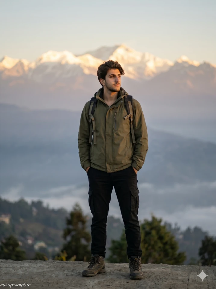 Indian man in olive green jacket at Tiger Hill Darjeeling sunrise, Gemini AI Himalayan adventure photo prompt