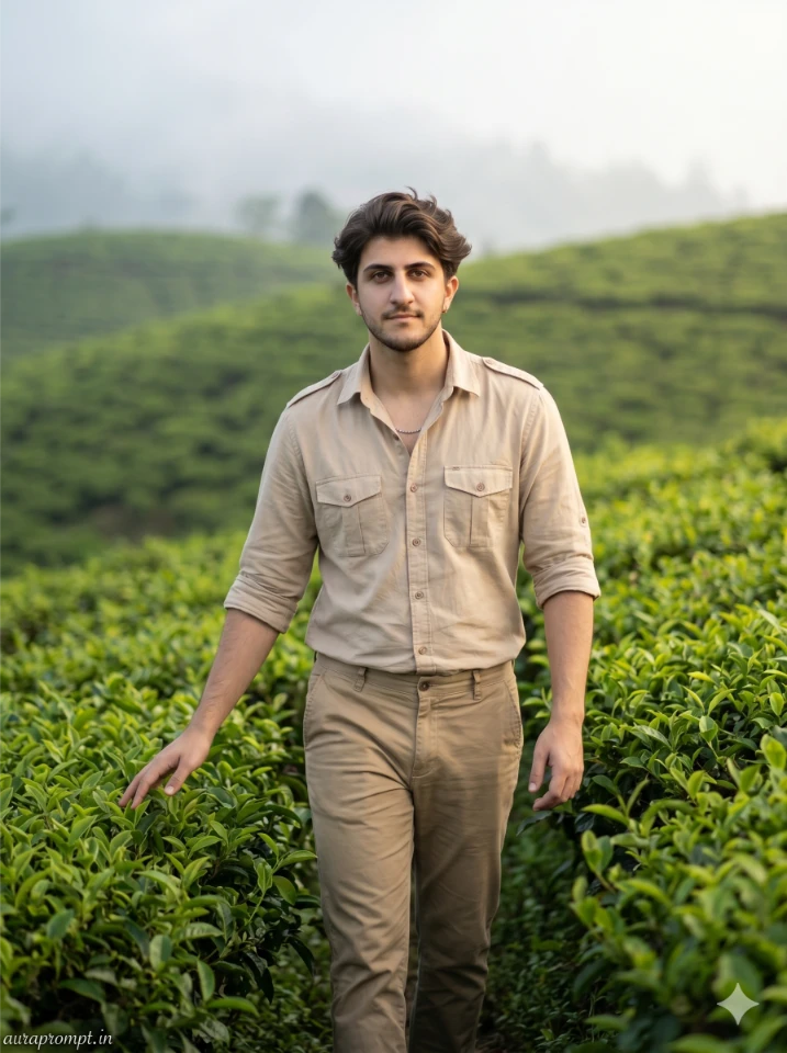 Indian man in beige safari shirt walking through Darjeeling tea gardens, Gemini AI adventure photo editing prompt