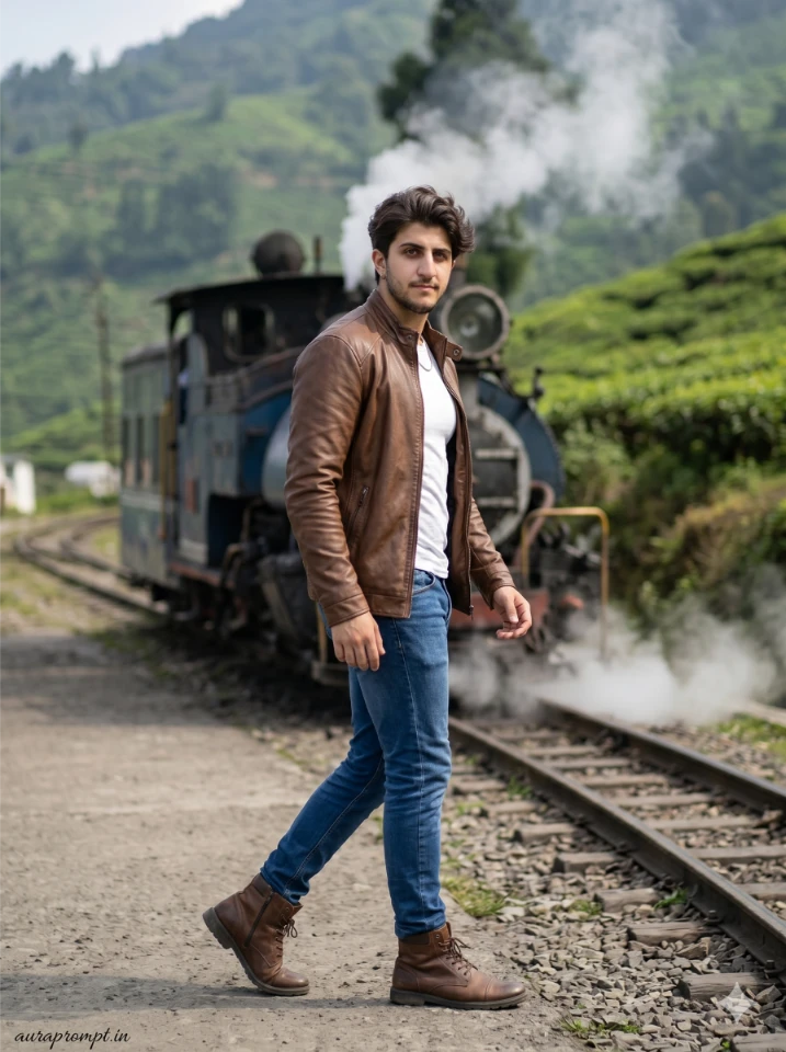 Stylish Indian man walking beside Darjeeling toy train in brown leather jacket, Gemini AI travel photo prompt