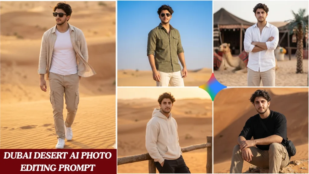 Five Dubai desert Gemini AI prompt results showing Indian boys in Pinterest outfits across golden sand dunes, cinematic portrait style