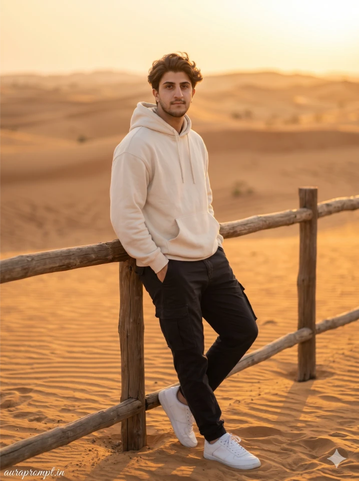 Young man in cream hoodie leaning at Lahbab Desert wooden fence, Dubai Instagram AI prompt Pinterest aesthetic