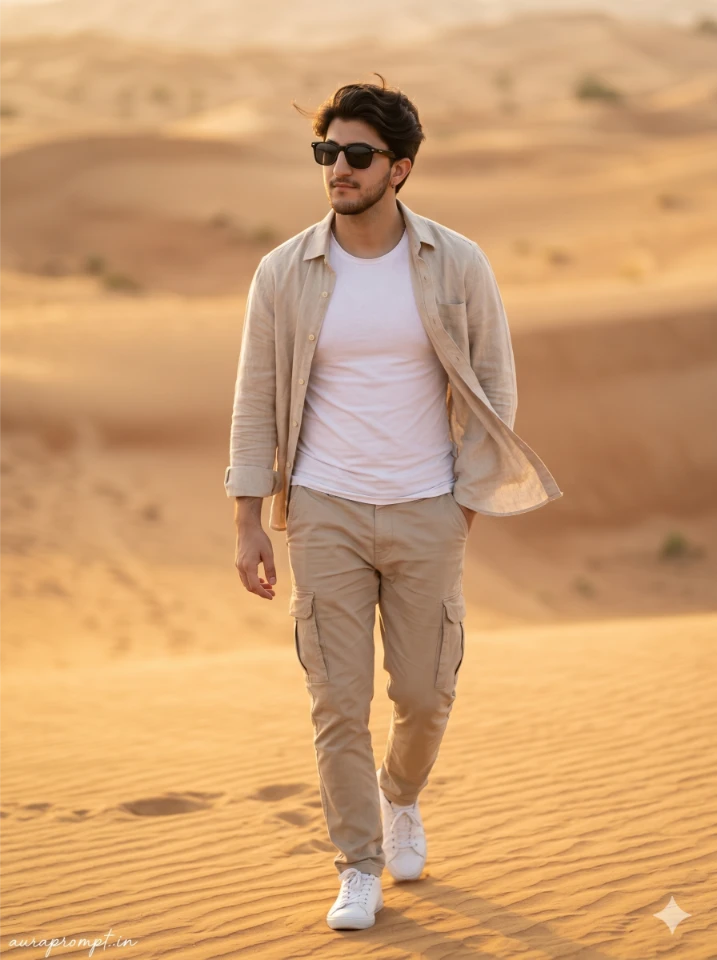 Indian boy in beige linen overshirt walking across Dubai desert sand dunes, Dubai Desert Gemini AI Prompt cinematic style