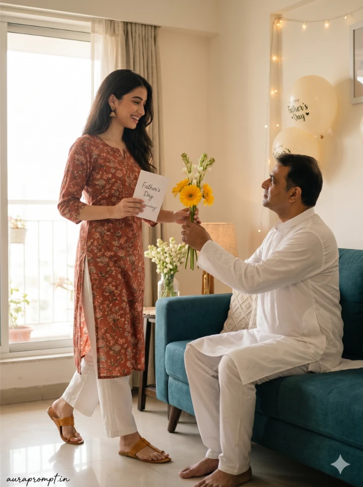 Indian girl in rust floral kurti holding flowers and card beside father on teal sofa Father Daughter living room surprise Gemini AI photo editing prompt
