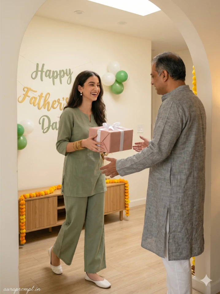 Young Indian woman in sage green co-ord set gifting wrapped box to father near decorated archway Father Daughter gift surprise Google Gemini AI photo editing prompt