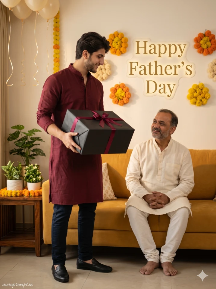 Indian boy in deep burgundy kurta holding gift box beside father on mustard sofa Father Son living room surprise AI photo editing prompts Gemini