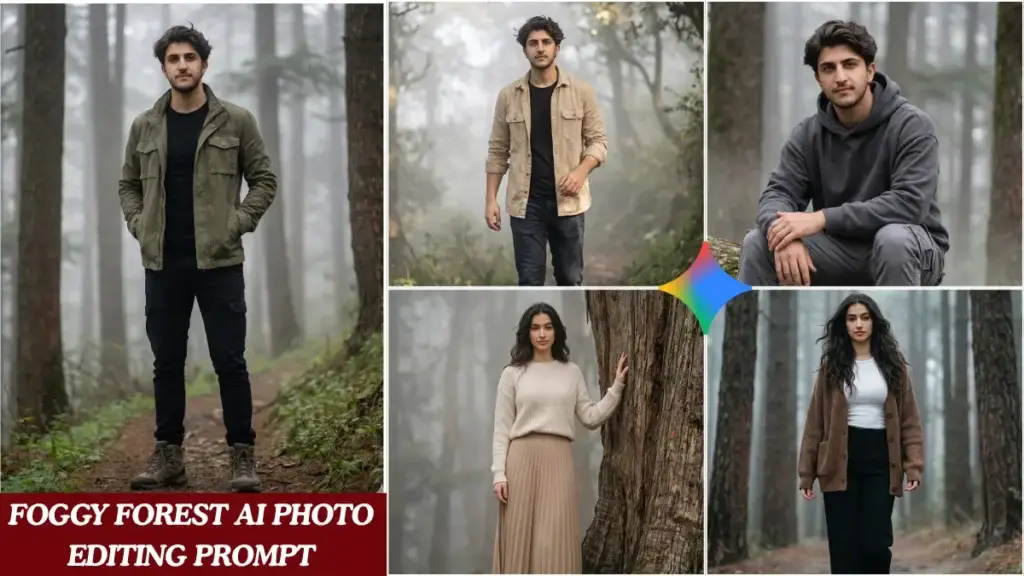 Five foggy forest AI photo editing prompt results showing Indian creators in cinematic misty woodland scenes with Pinterest style outfits