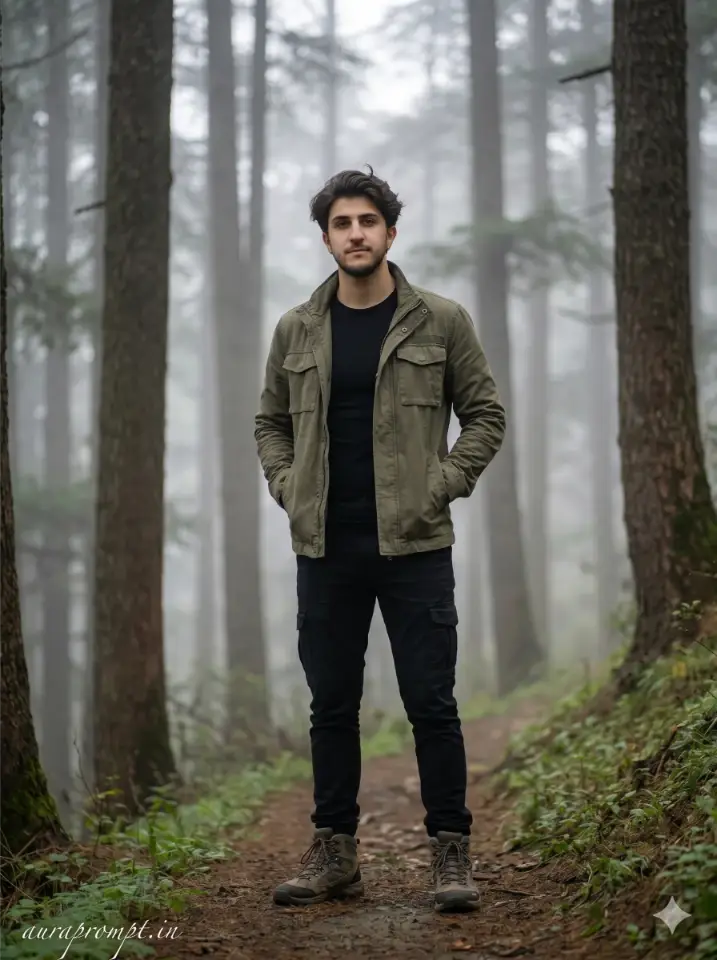 Indian boy in olive utility jacket standing on foggy forest trail cinematic foggy forest AI photo editing prompt