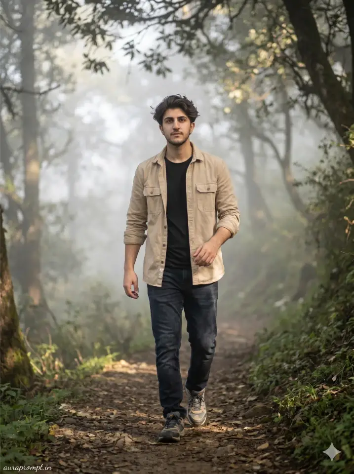 Indian boy in beige overshirt walking through Himalayan foggy woodland trail AI forest cinematic photo prompt
