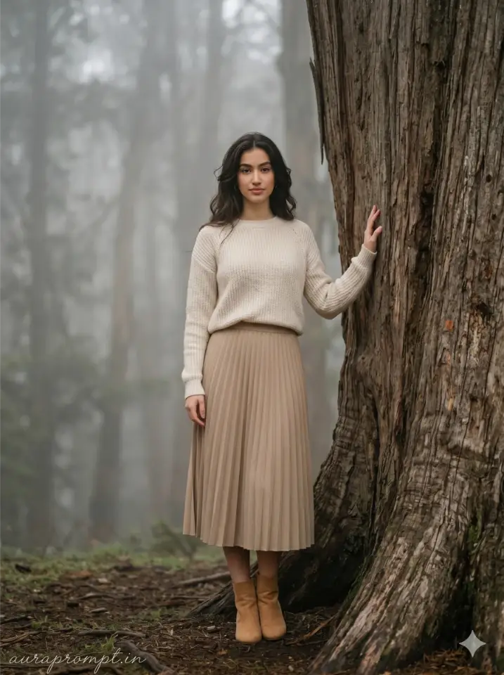 Indian girl in cream knitted sweater standing beside forest tree in enchanted foggy woodland misty forest photoshoot prompt