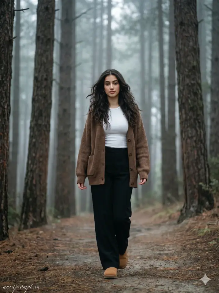 Indian girl in brown cardigan walking through pine forest fog Pinterest forest adventure AI photography prompt