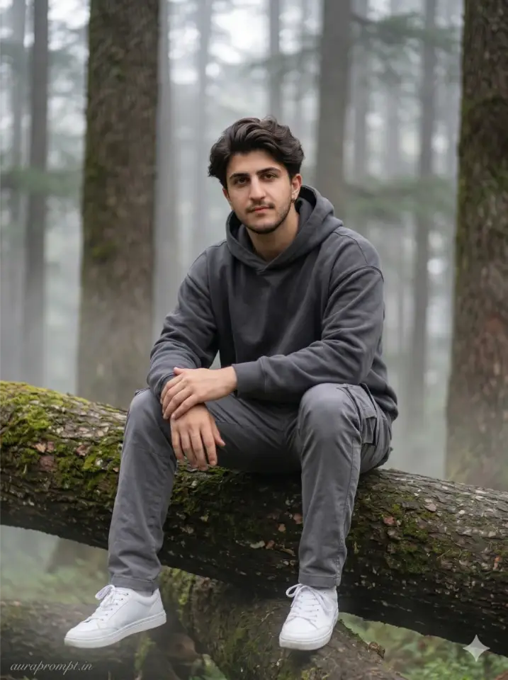 Indian boy in charcoal hoodie sitting on moss log inside misty cedar forest Gemini AI nature portrait prompt