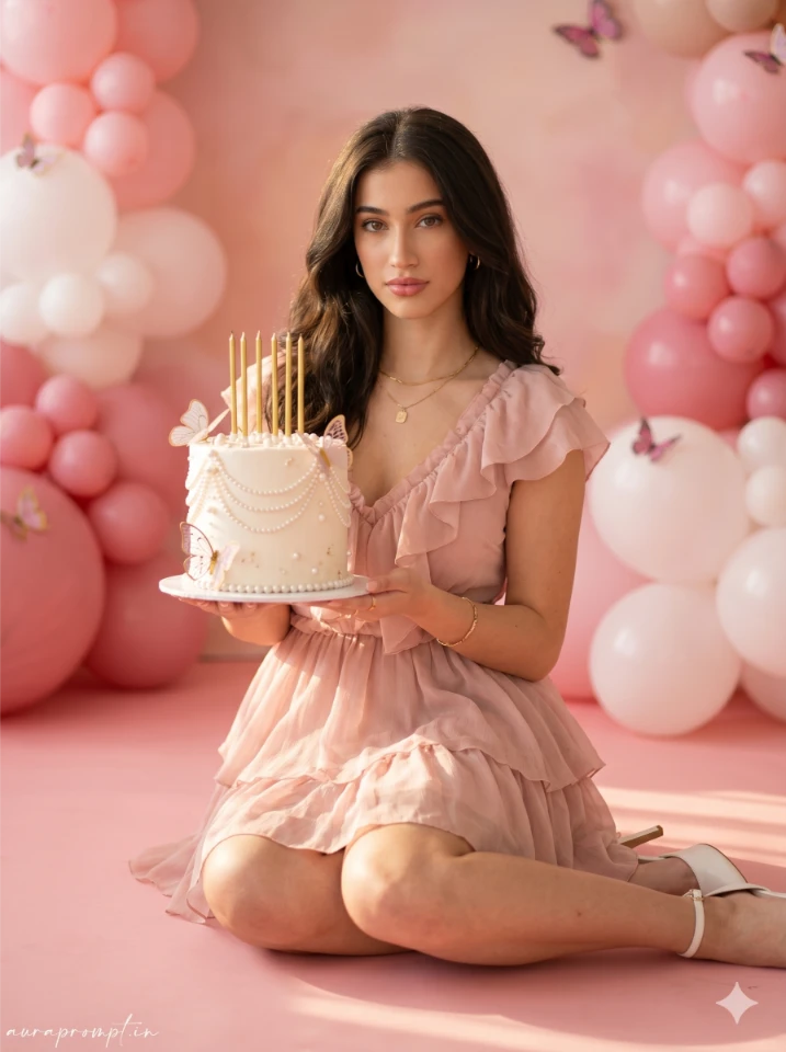 Girl in blush chiffon birthday dress holding cake on pastel pink floor, Google Gemini birthday photoshoot prompt