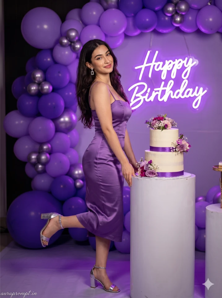 Young Indian woman in purple satin mini dress beside neon birthday sign, Gemini AI birthday photography prompt editorial