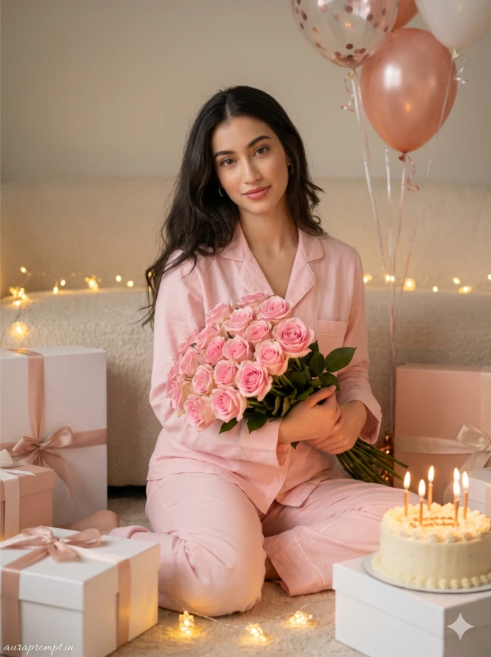 Indian girl in pastel pajama set with roses and birthday cake, birthday portrait AI prompt for girls cozy celebration