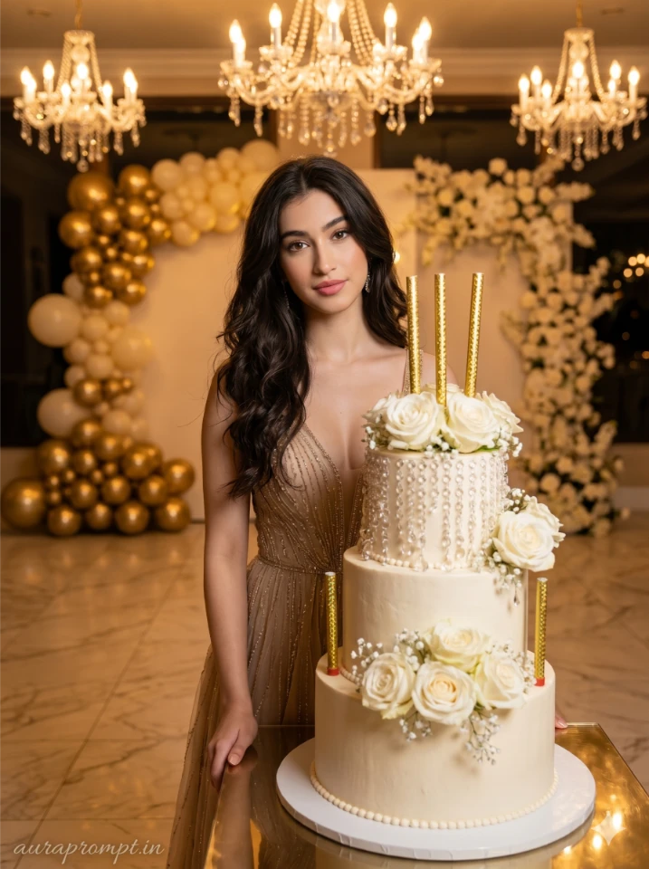 Indian girl in champagne birthday gown standing beside gold multi-tier cake under crystal chandeliers, Gemini AI birthday photo prompt luxury venue portrait