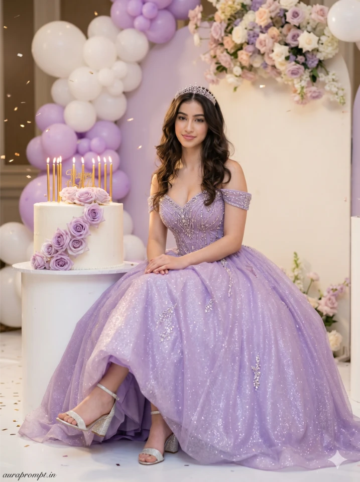 Indian girl in lavender crystal gown sitting beside birthday cake, Gemini AI birthday photo prompt luxury portrait