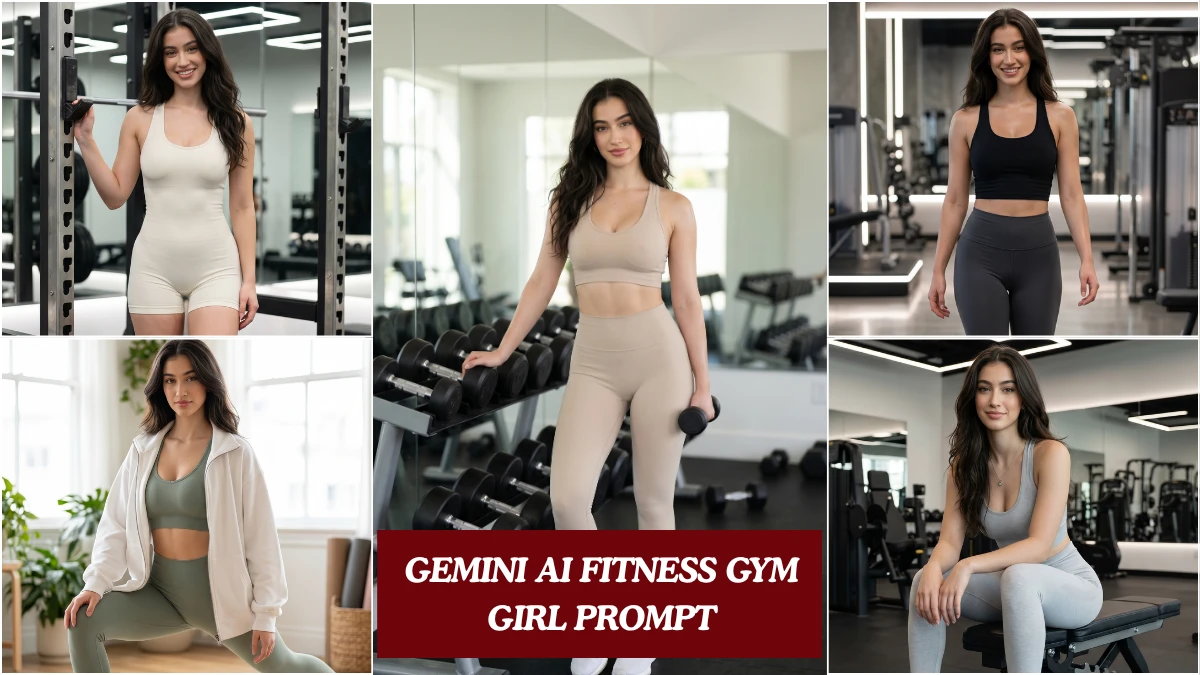 Five Gemini AI gym girl prompt results showing Indian girl in ivory athletic outfit inside a modern fitness studio, Pinterest aesthetic