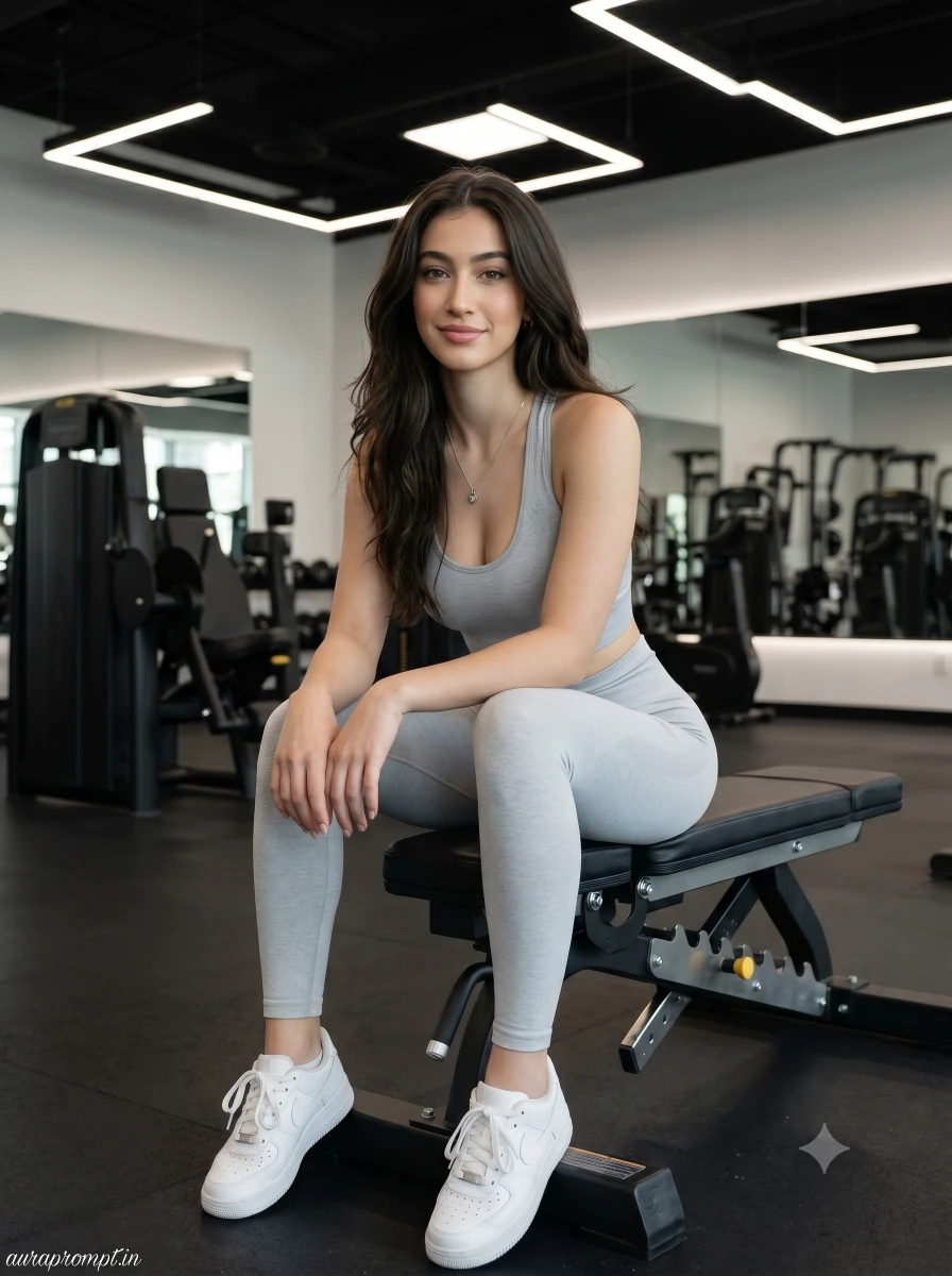Indian girl in light grey seamless set sitting on workout bench in minimal gym, cinematic workout aesthetic Gemini prompt